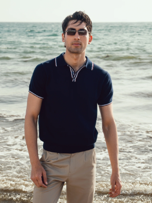 Navy Blue Flat Knit Polo With Contrating Placket