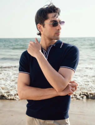 Navy Blue Flat Knit Polo With Contrating Placket