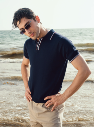 Navy Blue Flat Knit Polo With Contrating Placket