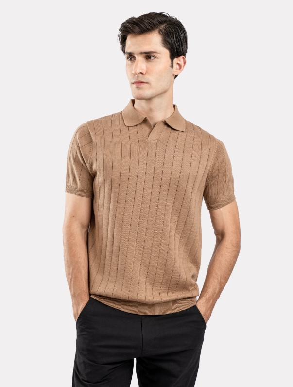 Brown Drop Needle Flat Knit Polo